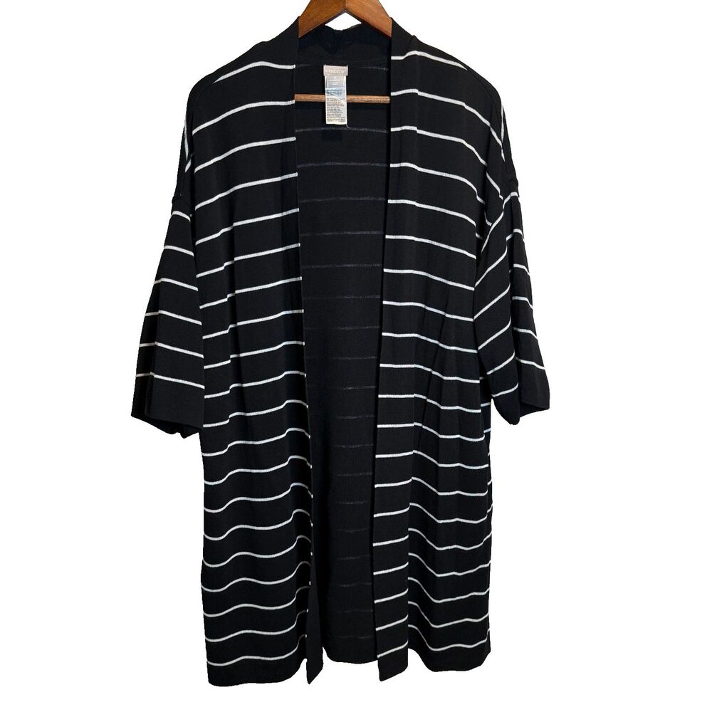 Chico's Travelers Women's XL (3) Cardigan Sweater Striped Black White Open Front
